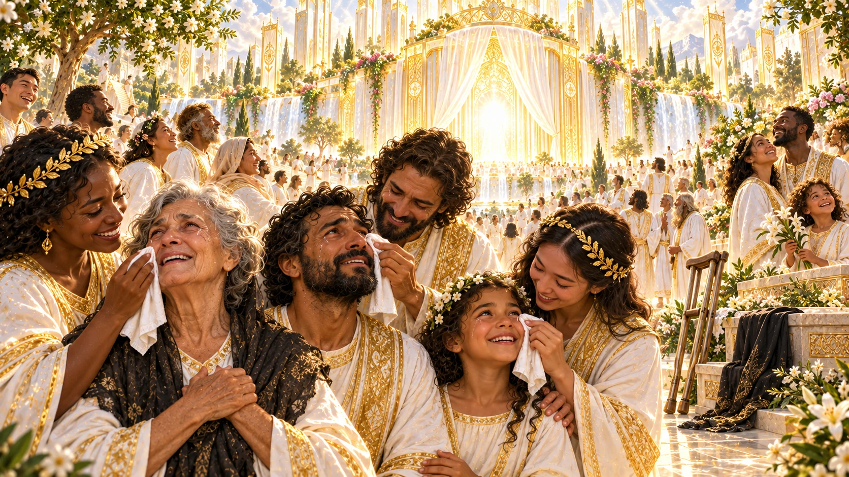 A restored community wipes away an elderly woman’s, father’s, and child’s last tears before a radiant veiled pavilion.