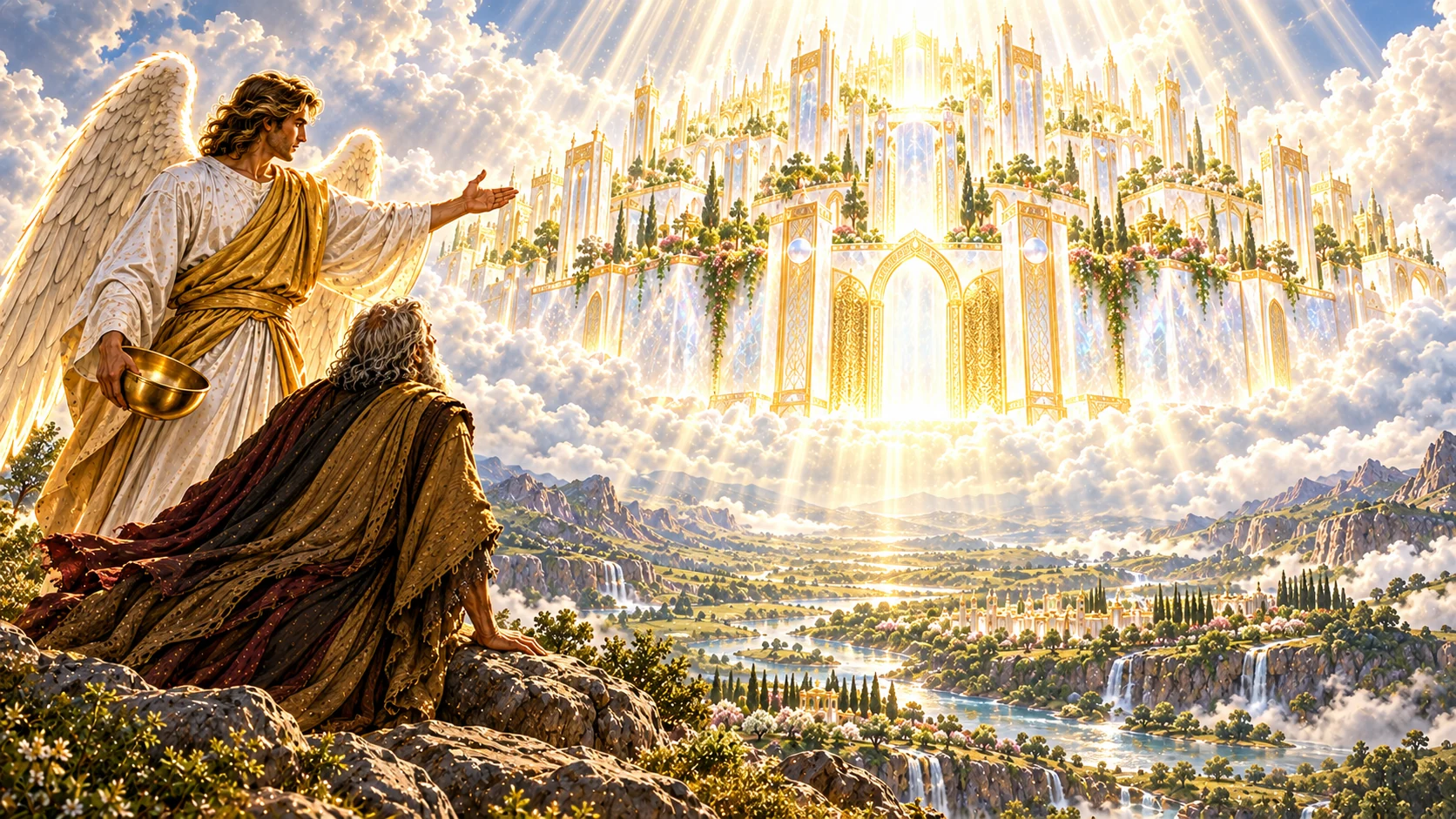 A bowl-bearing angel shows elderly John the radiant crystalline holy city descending beyond a high mountain ridge.