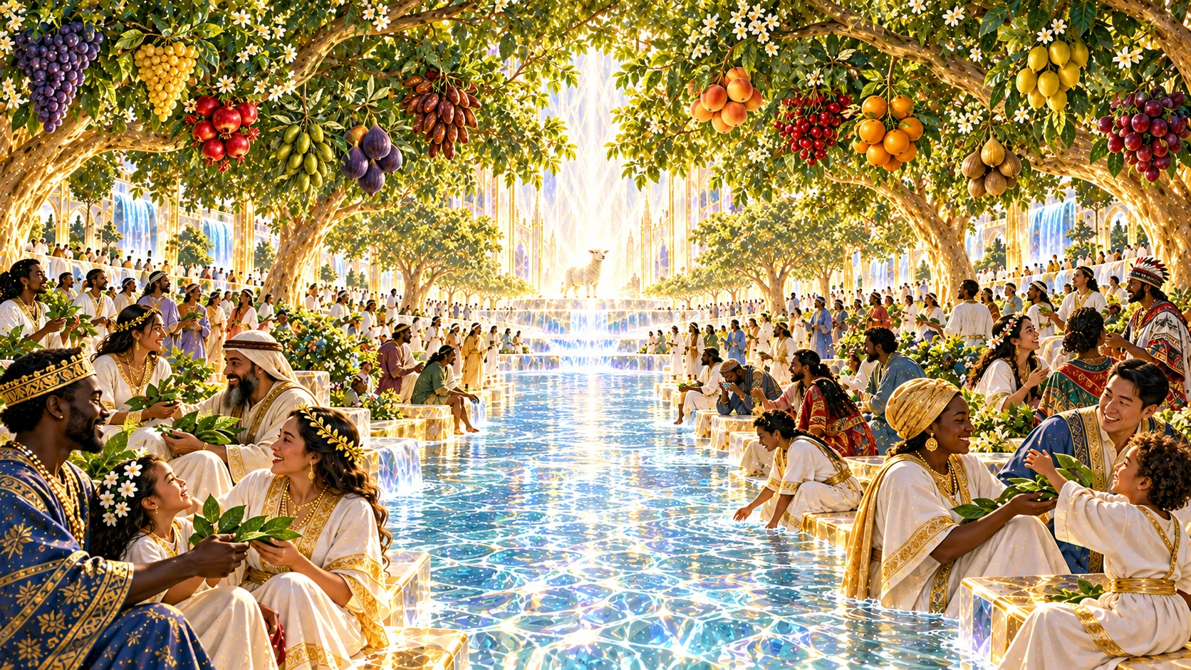 A crystal river flows from the Lamb beneath a fruit-laden tree canopy as people from many nations share healing leaves.