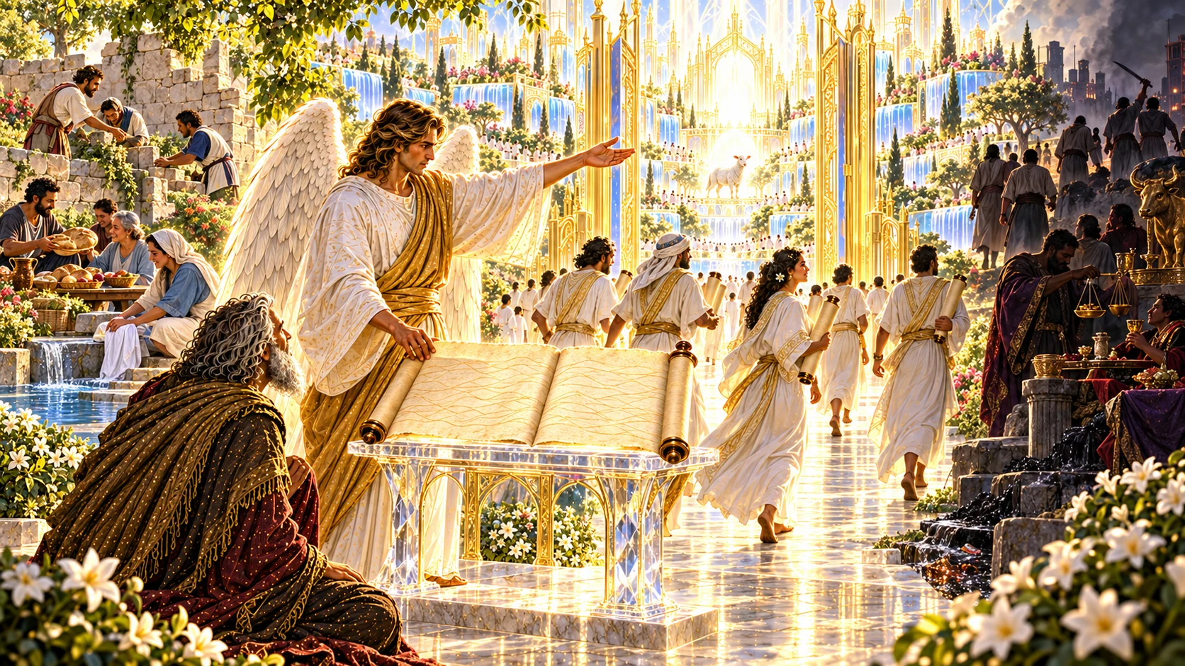 An angel presents an open prophecy scroll as messengers depart and communities continue along contrasting moral paths.