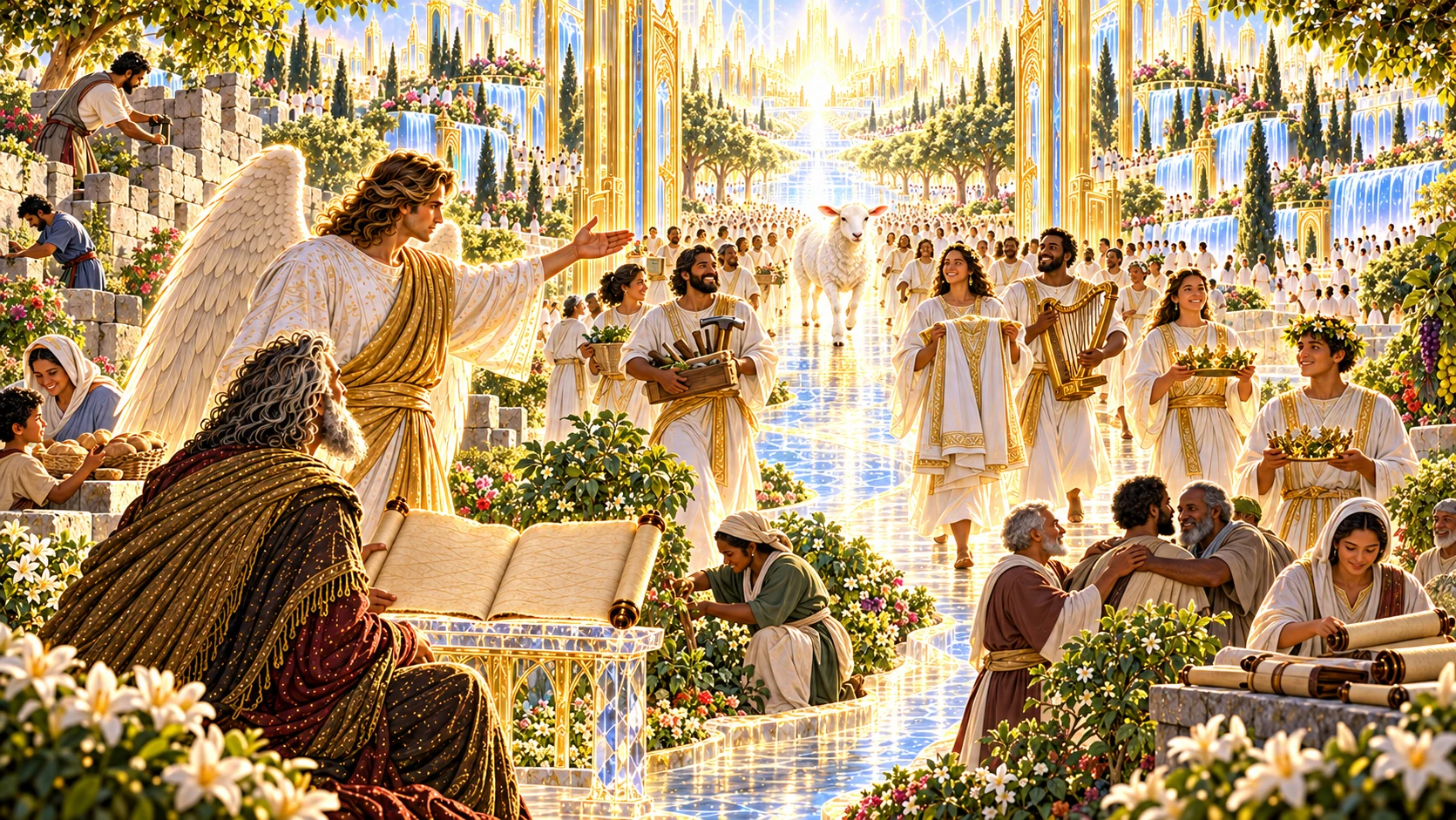 The Lamb approaches along the golden river-path as servants receive tools, garments, music, and honors fitting their faithful work.
