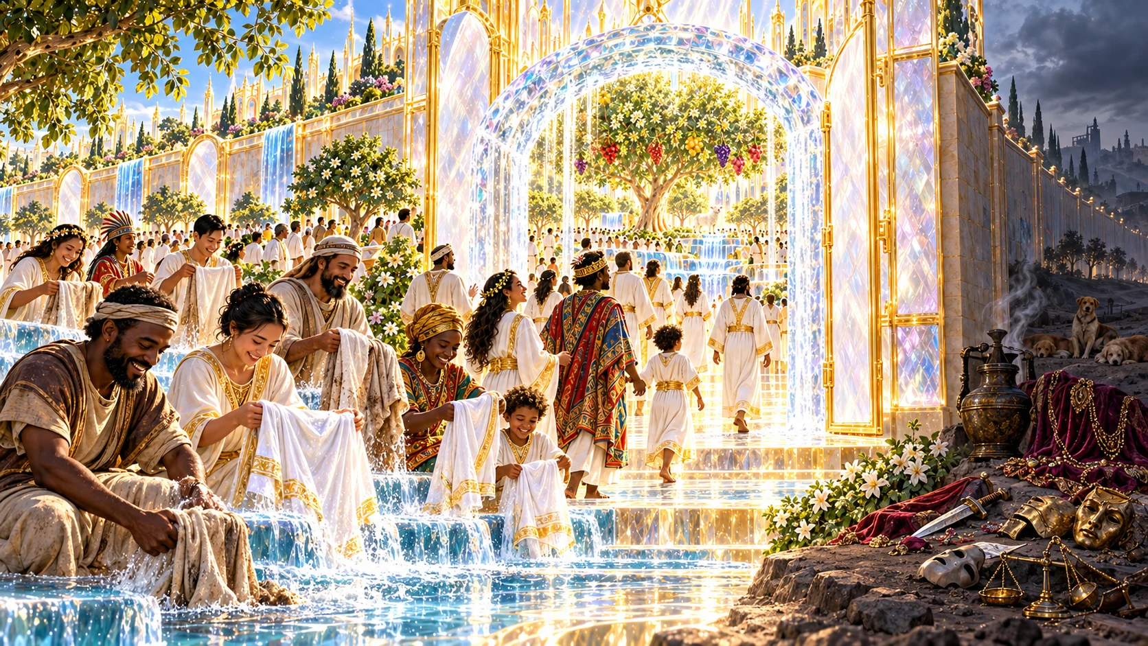 People wash stained robes in living water and enter an open pearl gate toward the fruit-bearing tree of life.