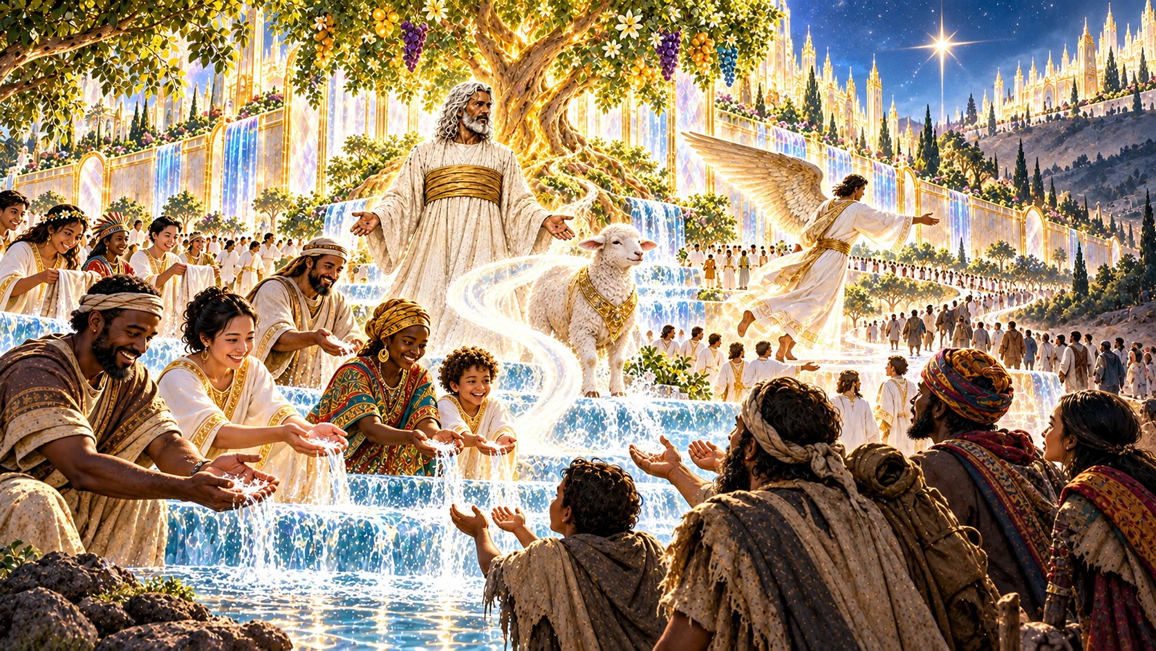 Jesus and the Lamb stand by living water as the angel goes outward and the radiant city community welcomes thirsty travelers.