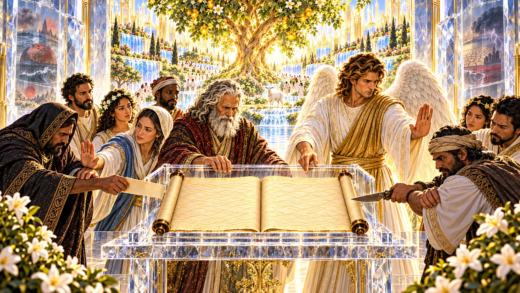John, an angel, and church witnesses guard a complete open prophecy scroll from attempted addition and removal.