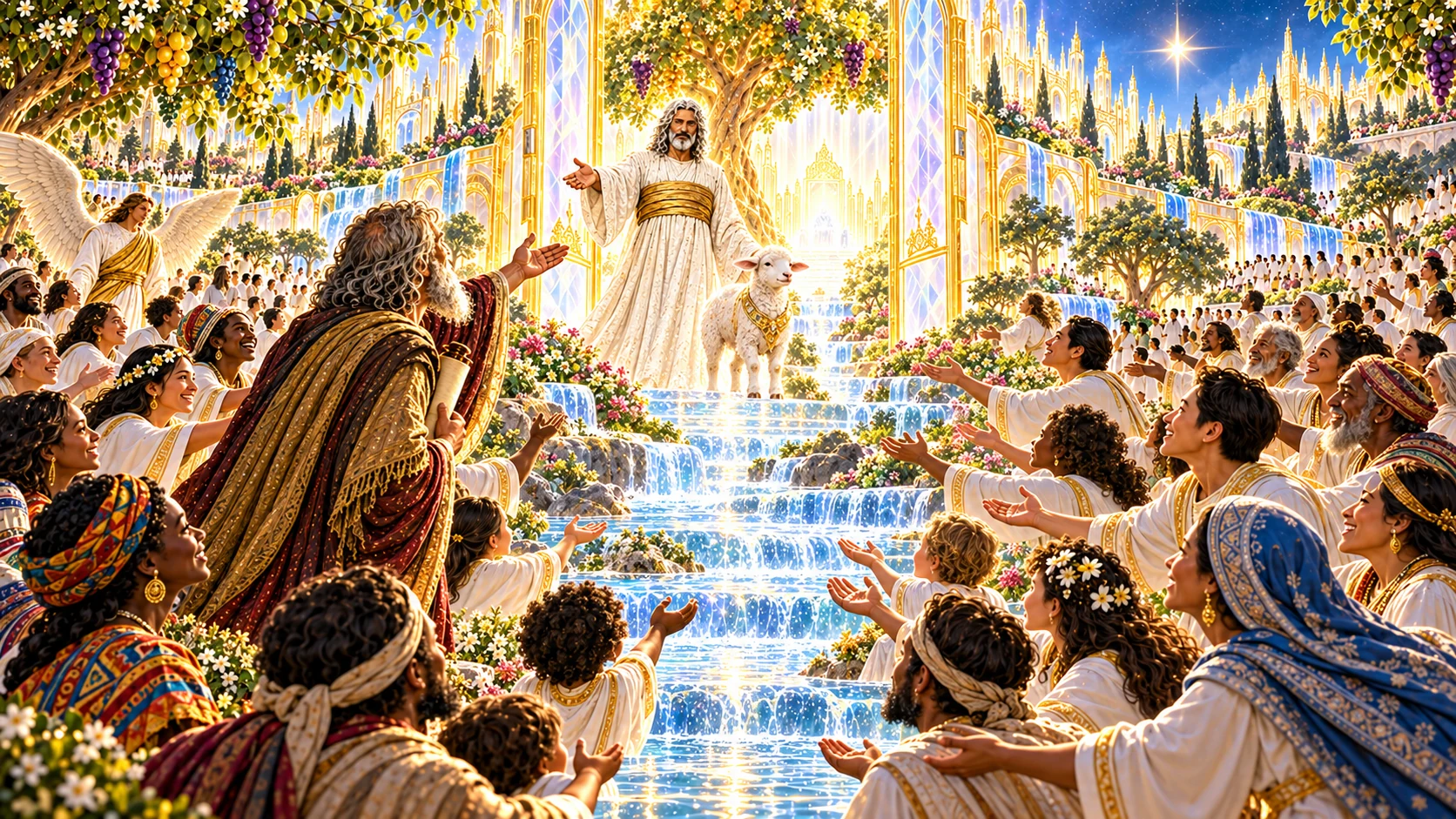 Jesus and the Lamb welcome John and a vast diverse community gathered with open hands beside the river of life.