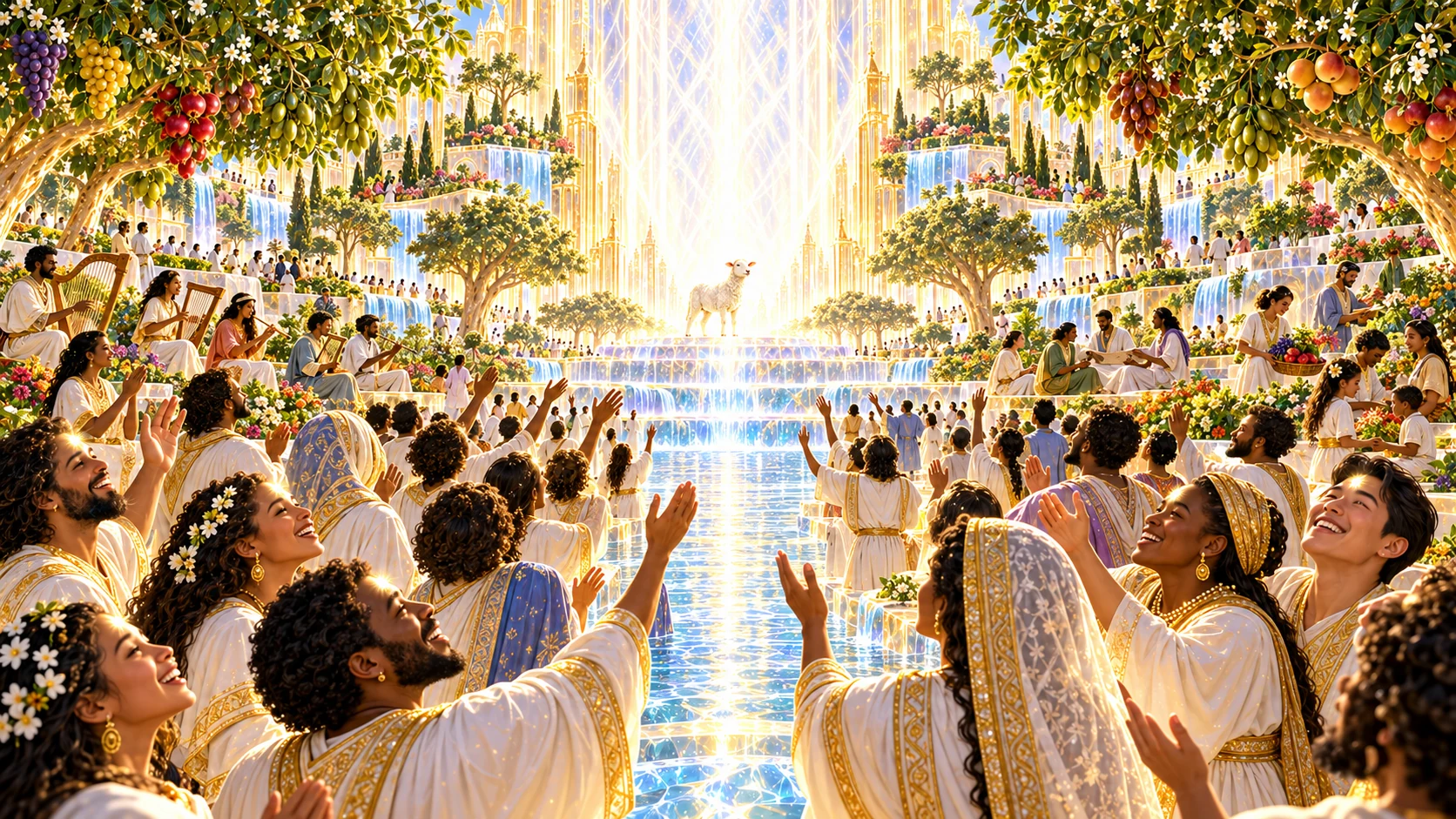 Joyful servants worship before the Lamb in unending light while others cultivate gardens, teach, and make music.