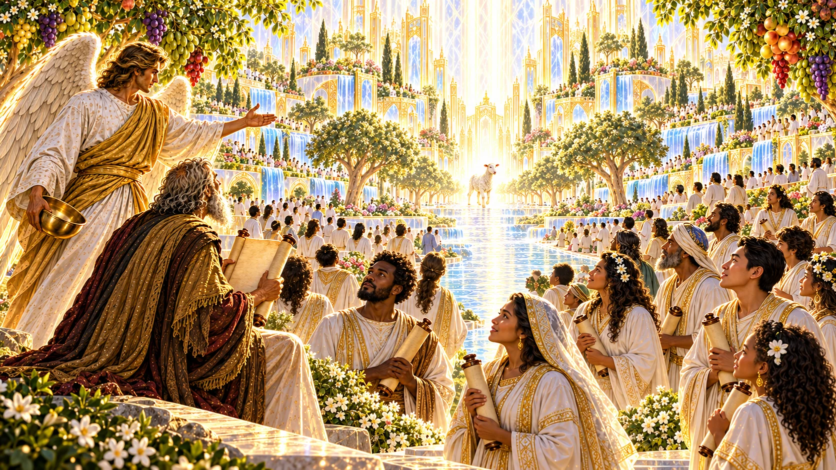 An angel addresses elderly John and attentive scroll-bearing servants as the Lamb approaches along the river of life.