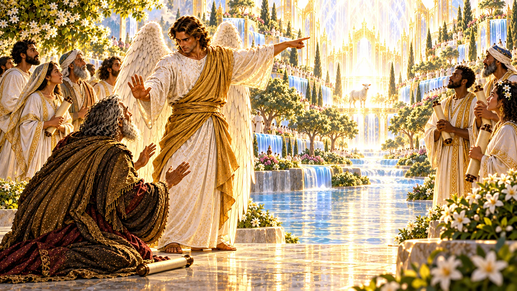 An angel firmly stops kneeling John and points toward the Lamb while fellow scroll-bearing servants stand nearby.