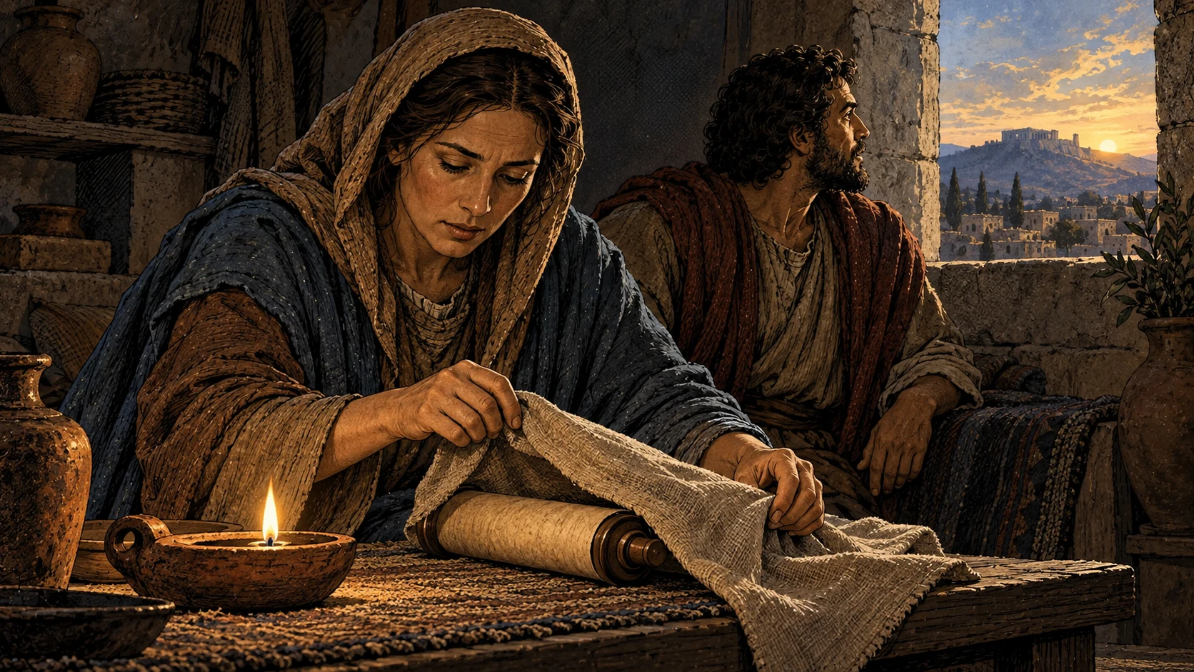 A woman uncovers a scroll as daylight enters the room.