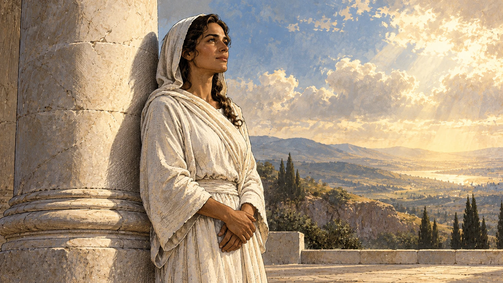 A believer in white stands beside a sturdy stone pillar.