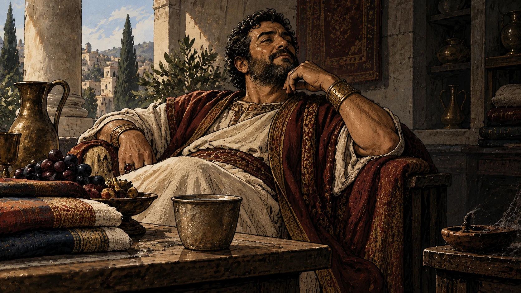 A comfortable householder sits among fine goods while a lamp lies neglected.