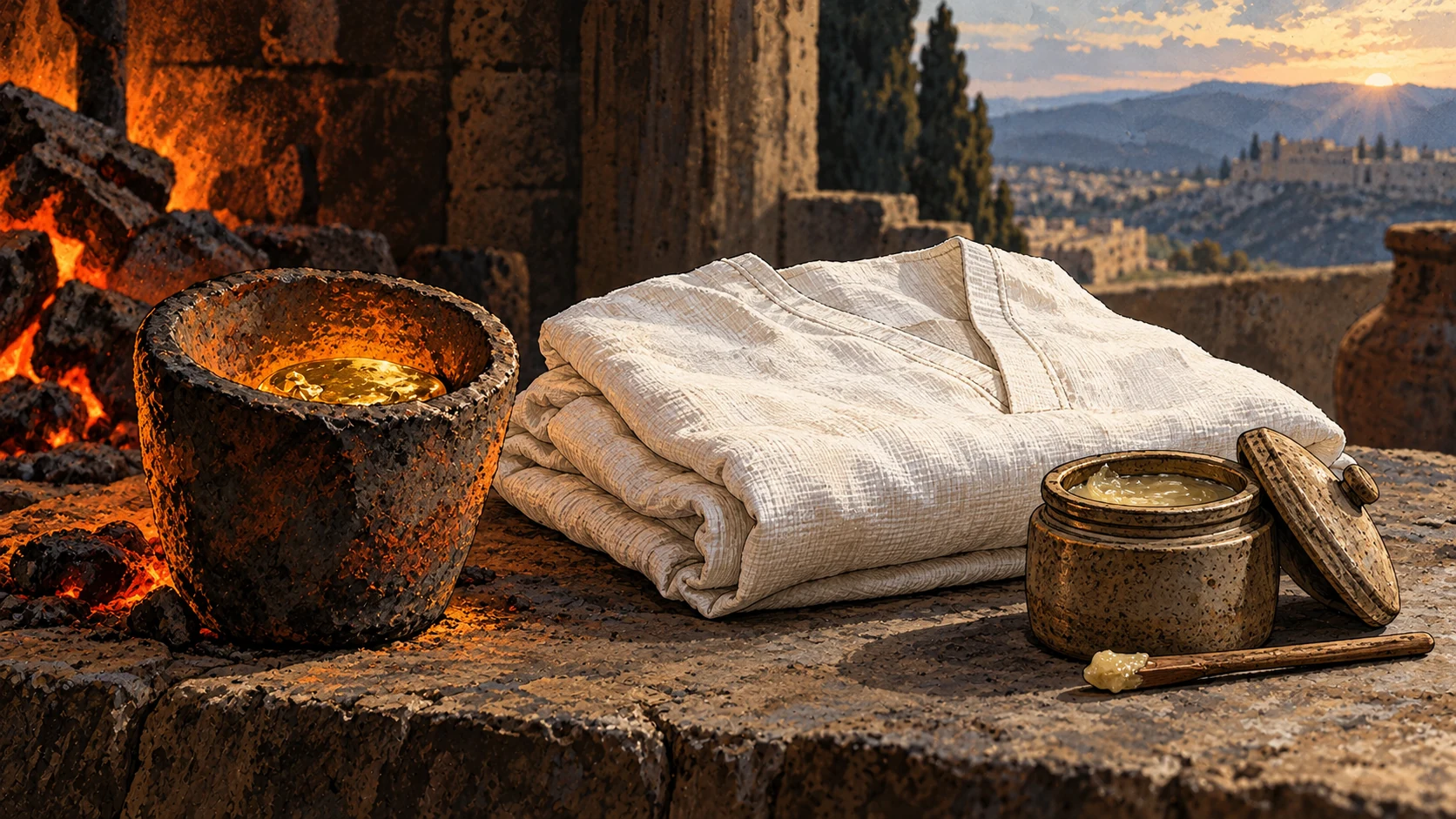 Refined gold, white linen and a small salve vessel rest on a table.