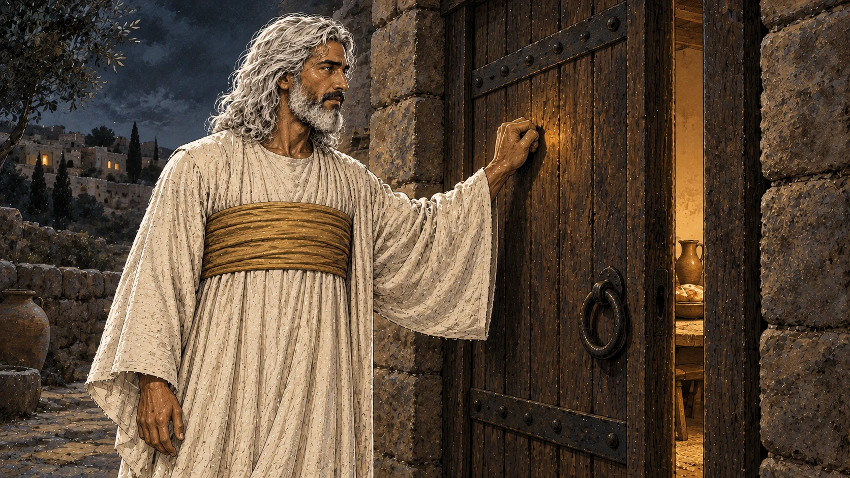Christ knocks outside a wooden door, with a simple table visible within.