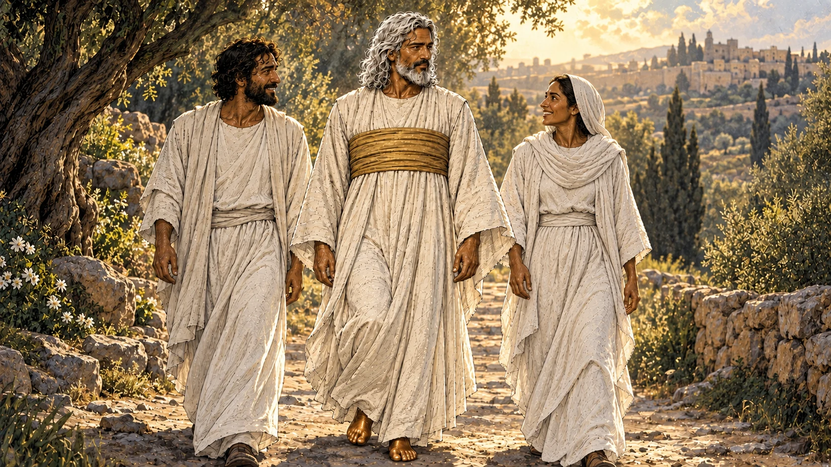 Christ walks beside two believers in white garments.