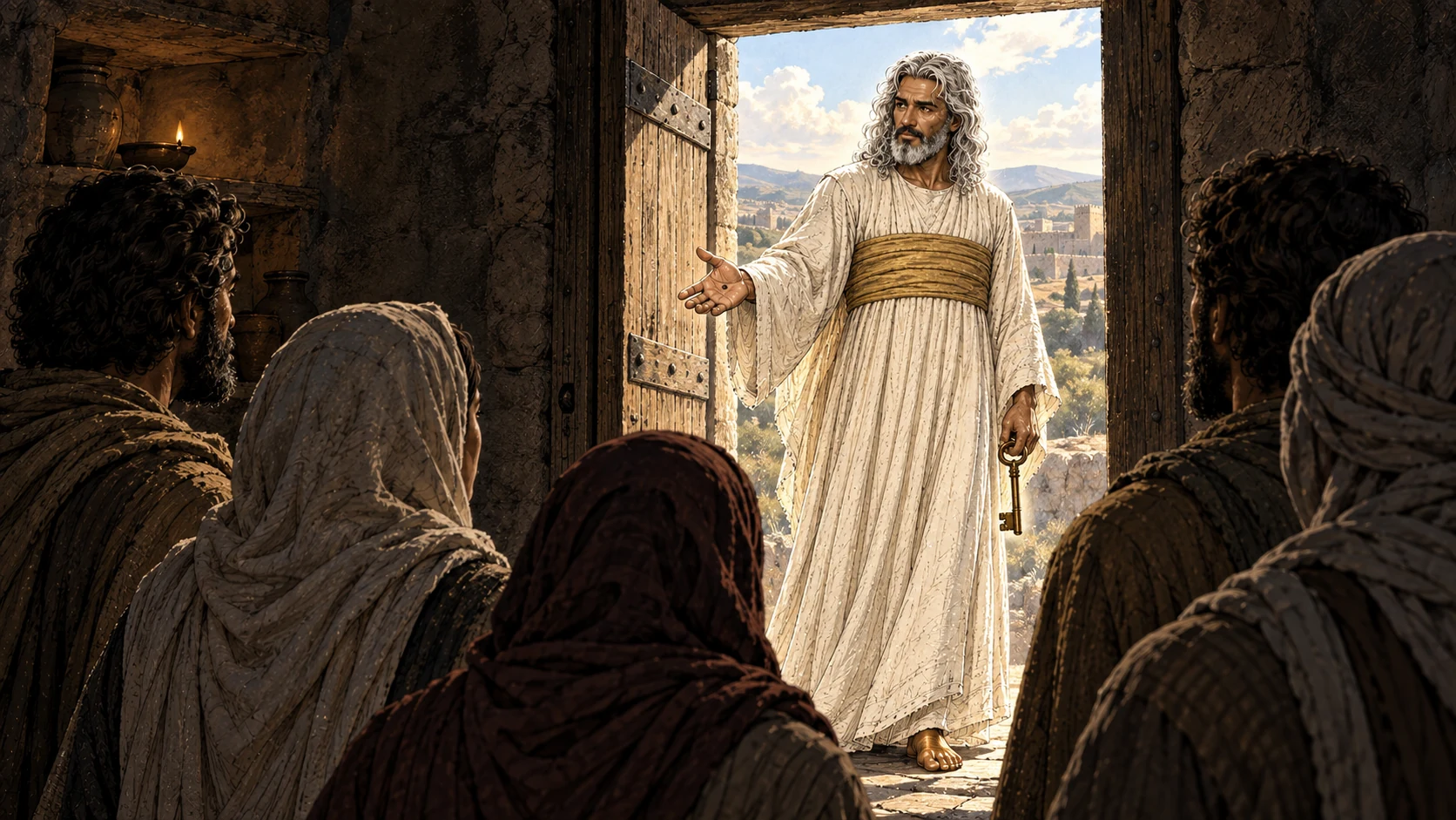 Christ welcomes a community through an open doorway, holding a key.