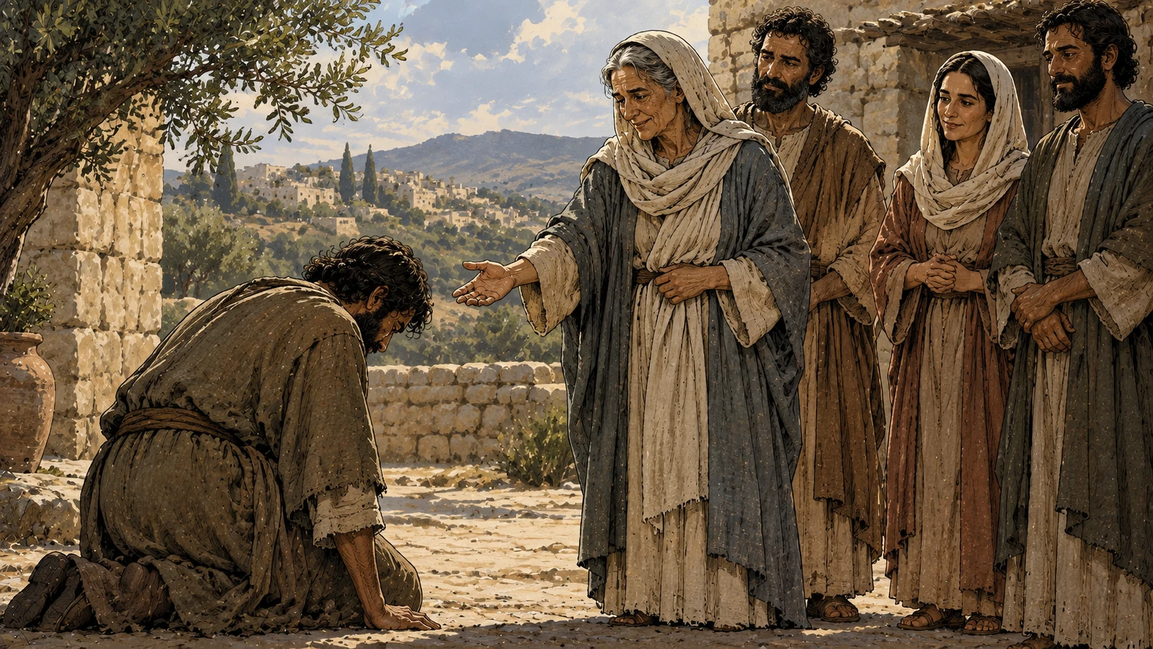 A kneeling man acknowledges a small community whose elder extends a gentle hand.