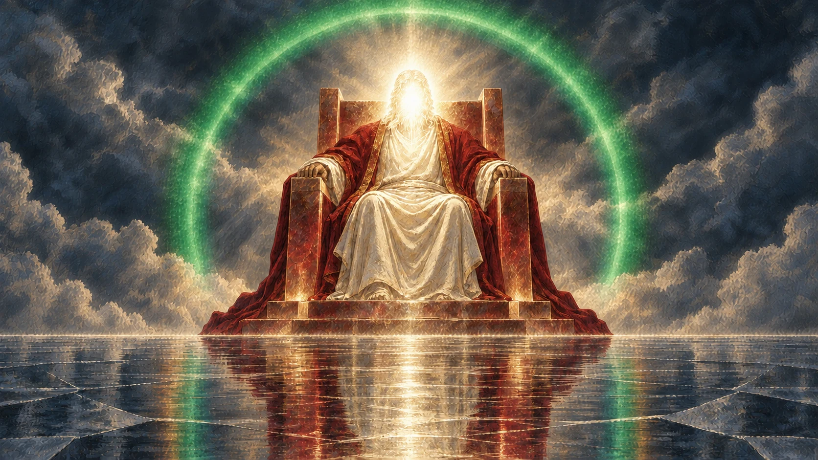 An occupied radiant throne is encircled by an emerald-green bow.