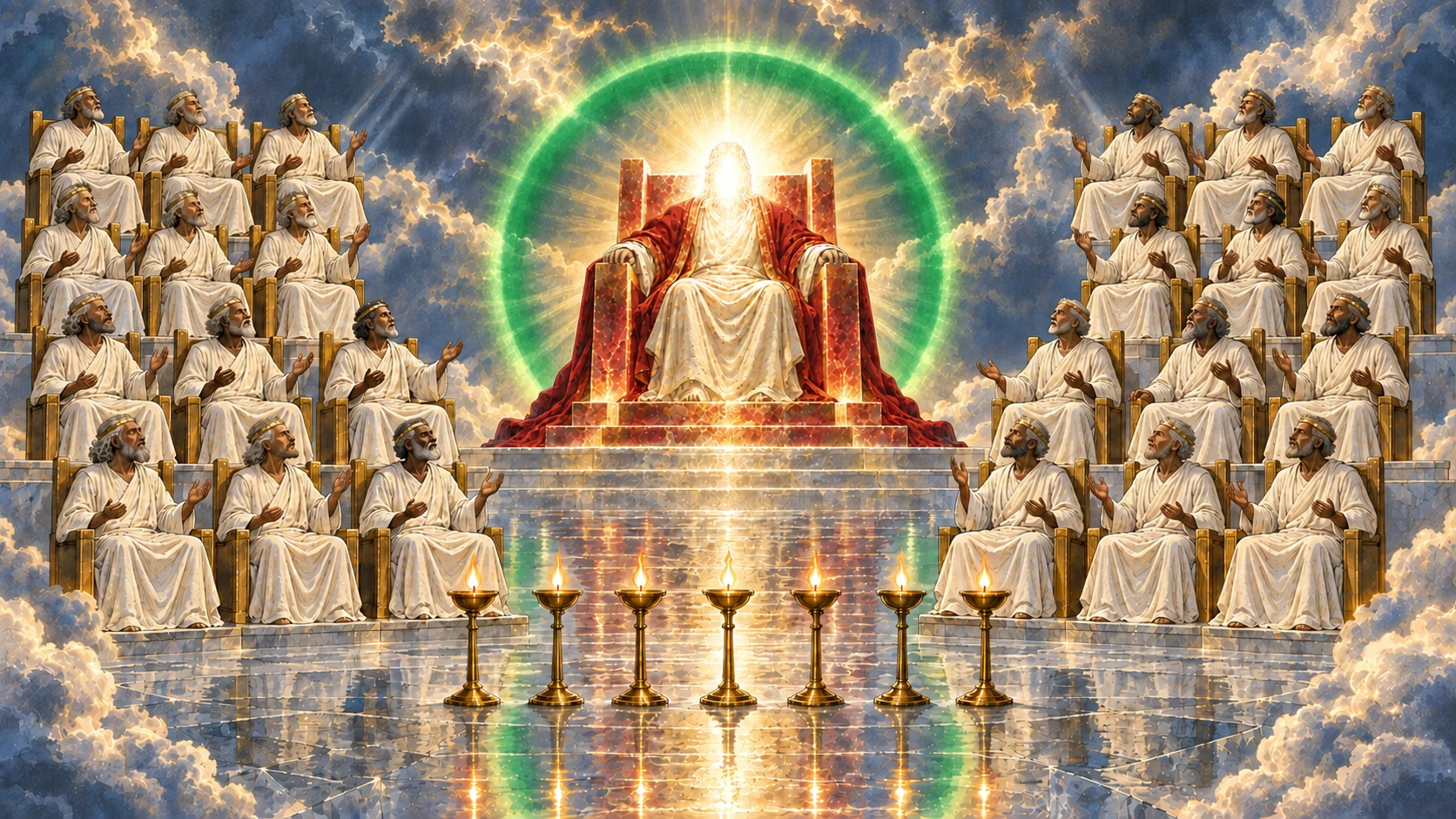 Twenty-four crowned elders sit around the central throne, before which seven lamps burn.