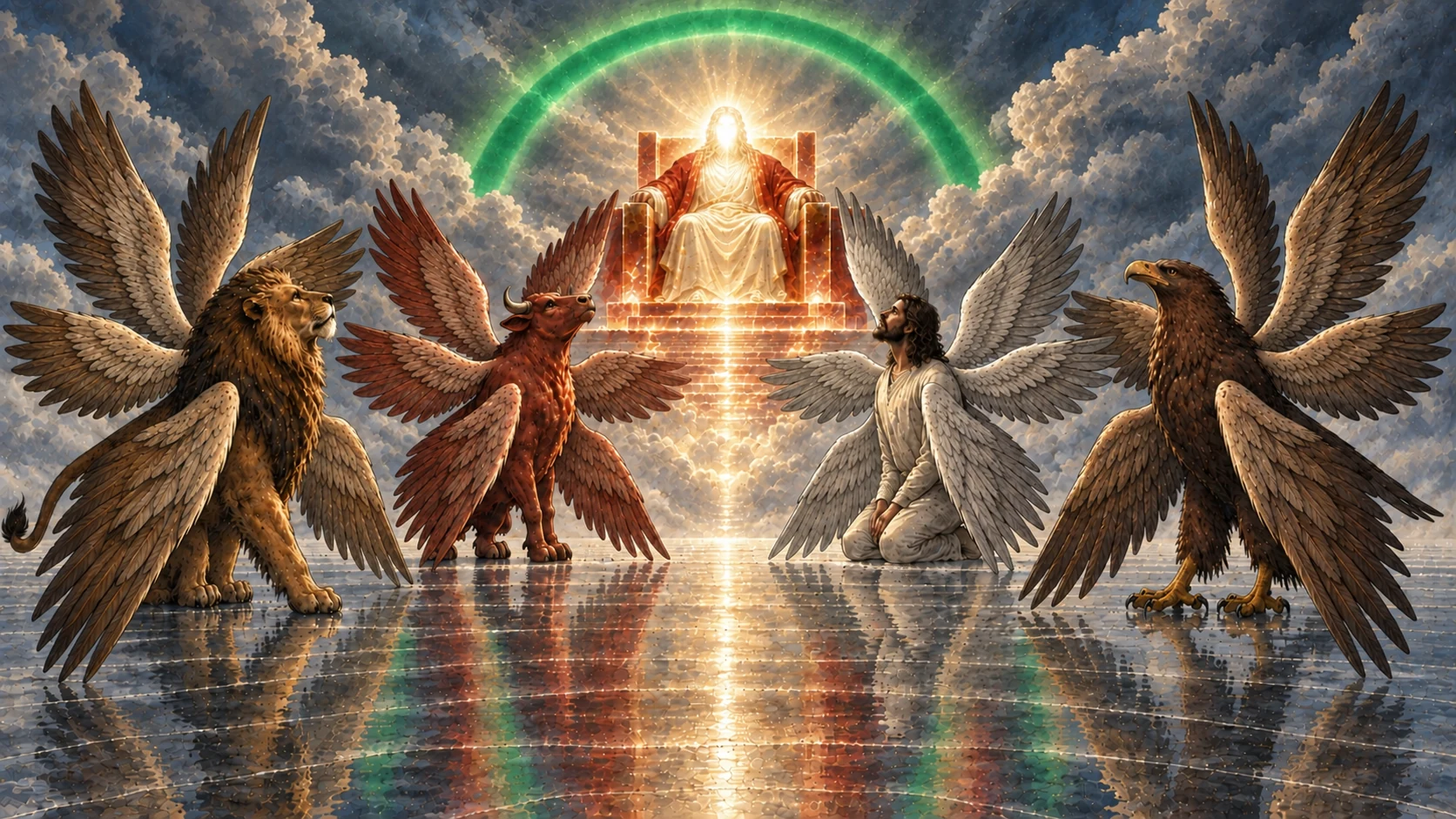 Four six-winged creatures attend the throne above a crystal-like expanse.