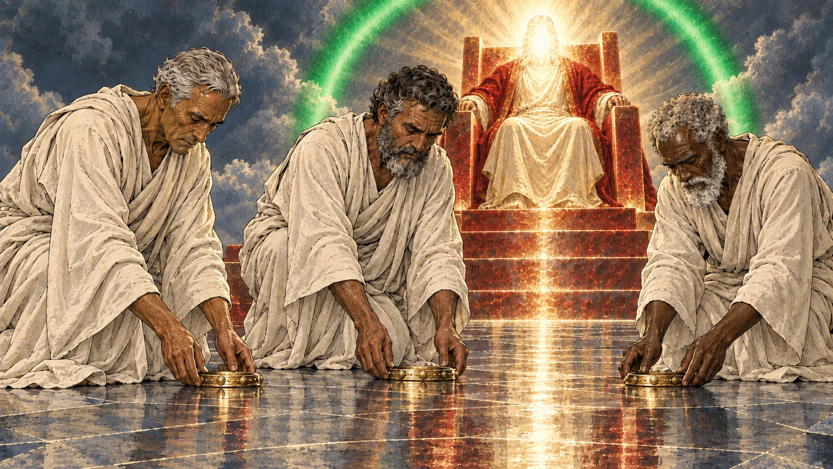 A close view of elders lowering their crowns before the throne.
