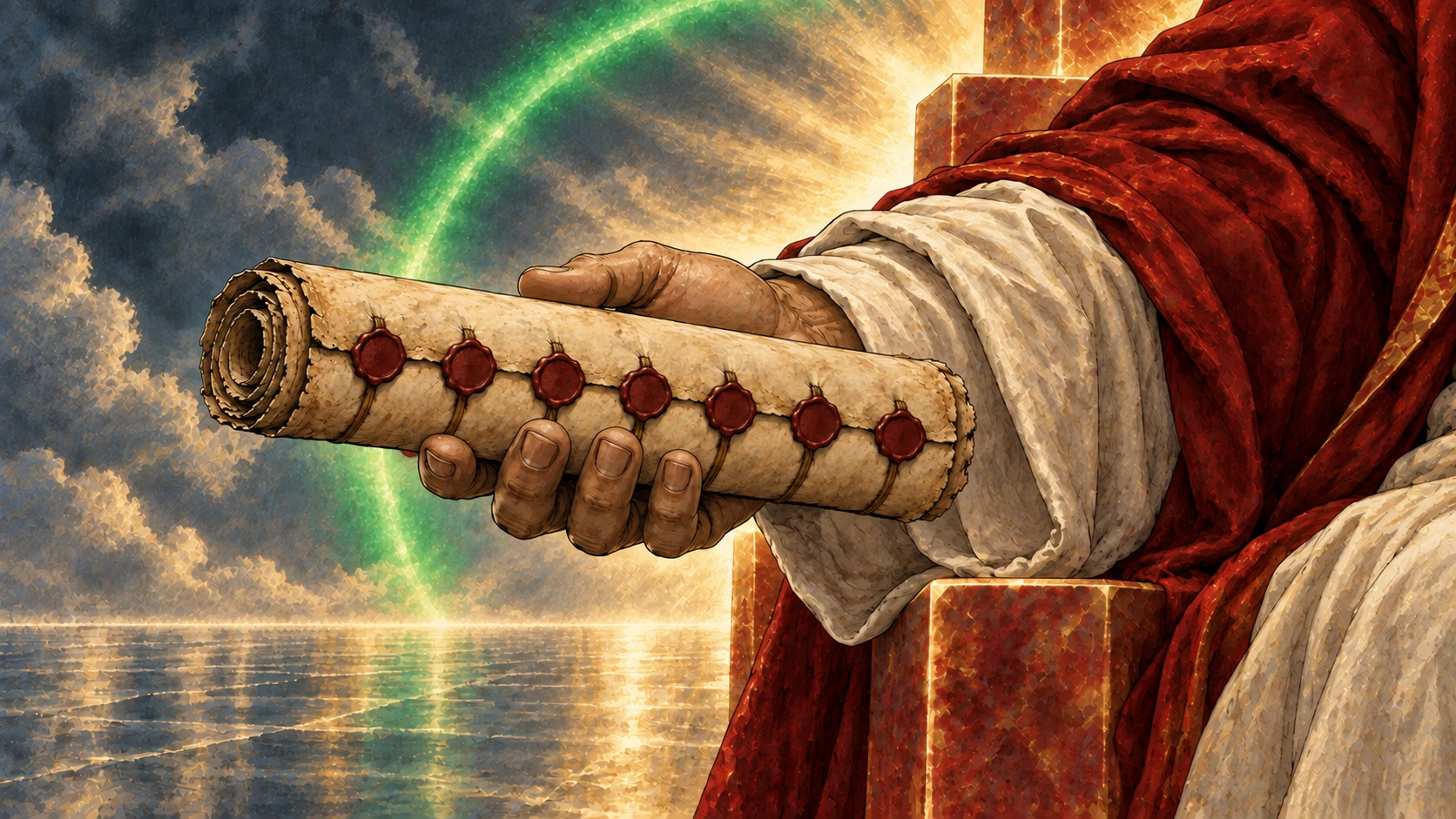 A right hand holds a closed scroll with seven red seals.