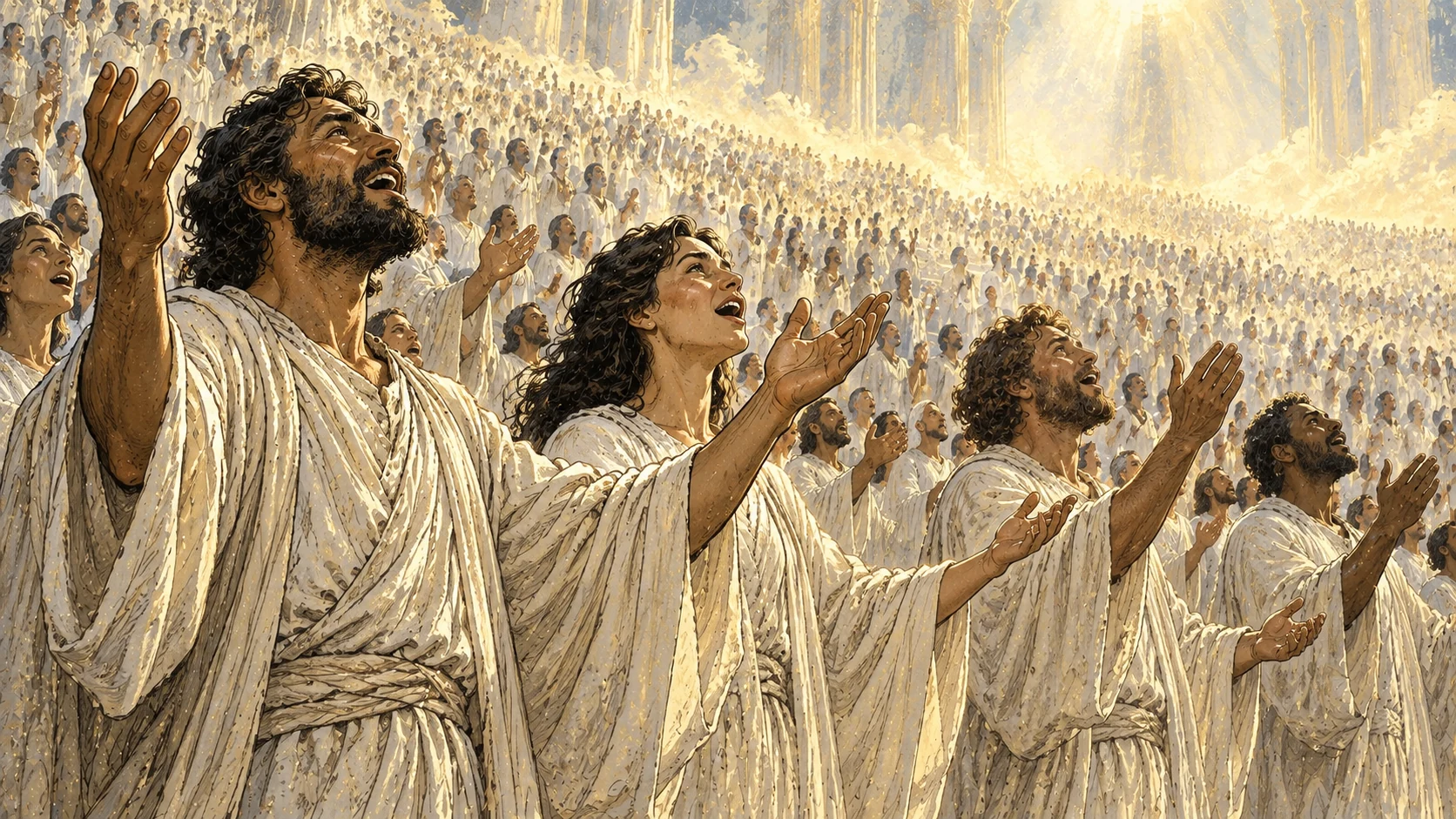 A vast multitude of angelic worshippers lifts praise.