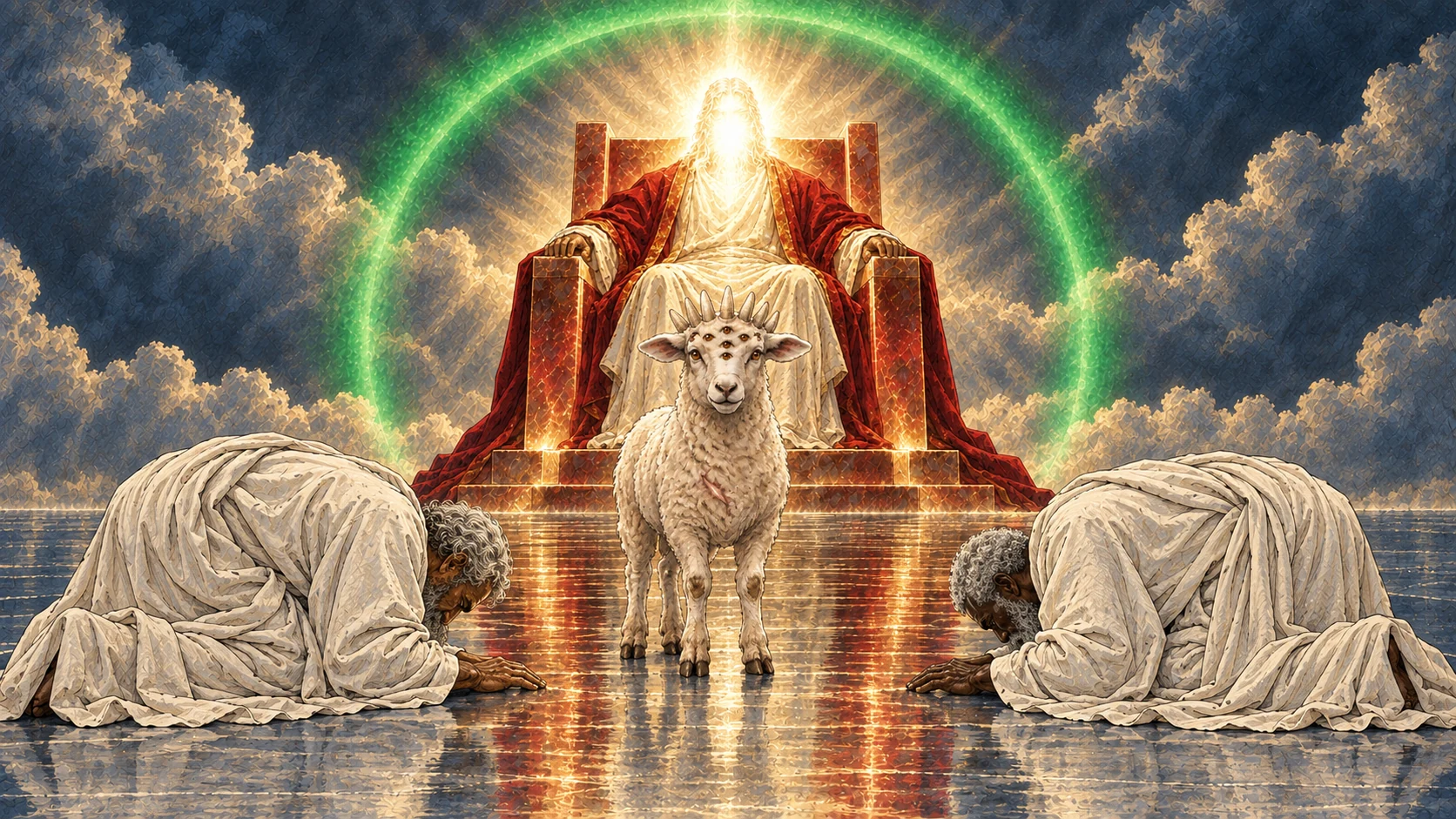 Elders bow before the Lamb and the throne.