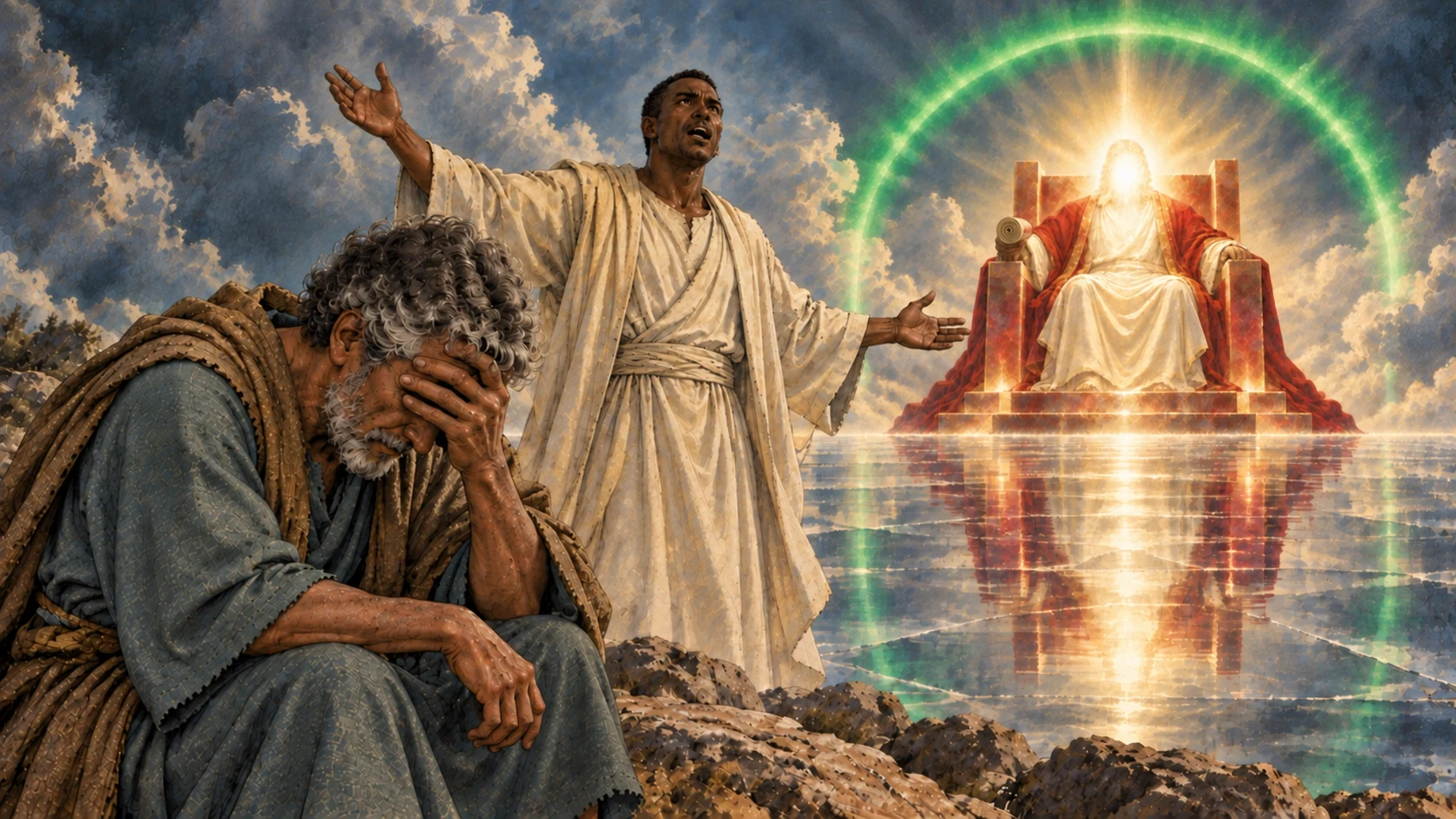 John weeps while a mighty angel proclaims before the throne.
