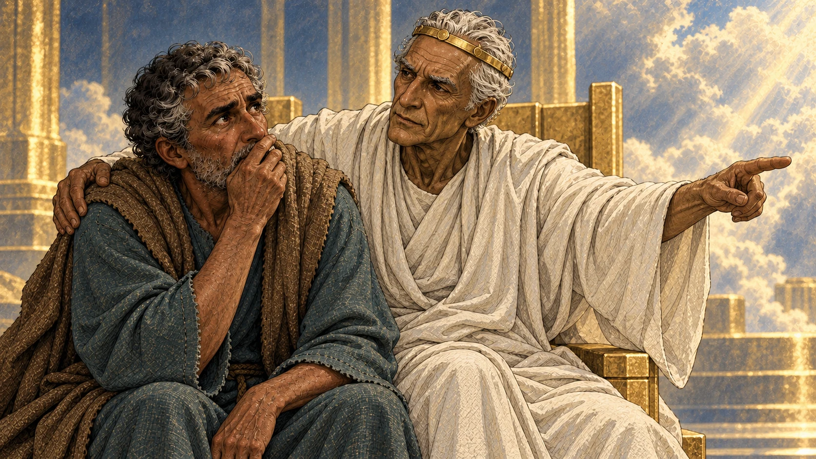 A crowned elder reassures John and points toward the coming revelation.