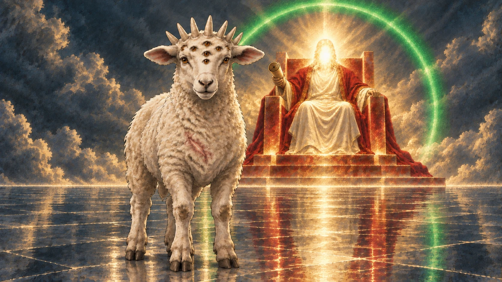 The seven-horned, seven-eyed Lamb stands before the throne.