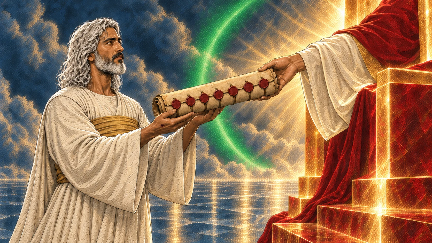 Christ receives the seven-sealed scroll in a human-form interpretation of the Redeemer.