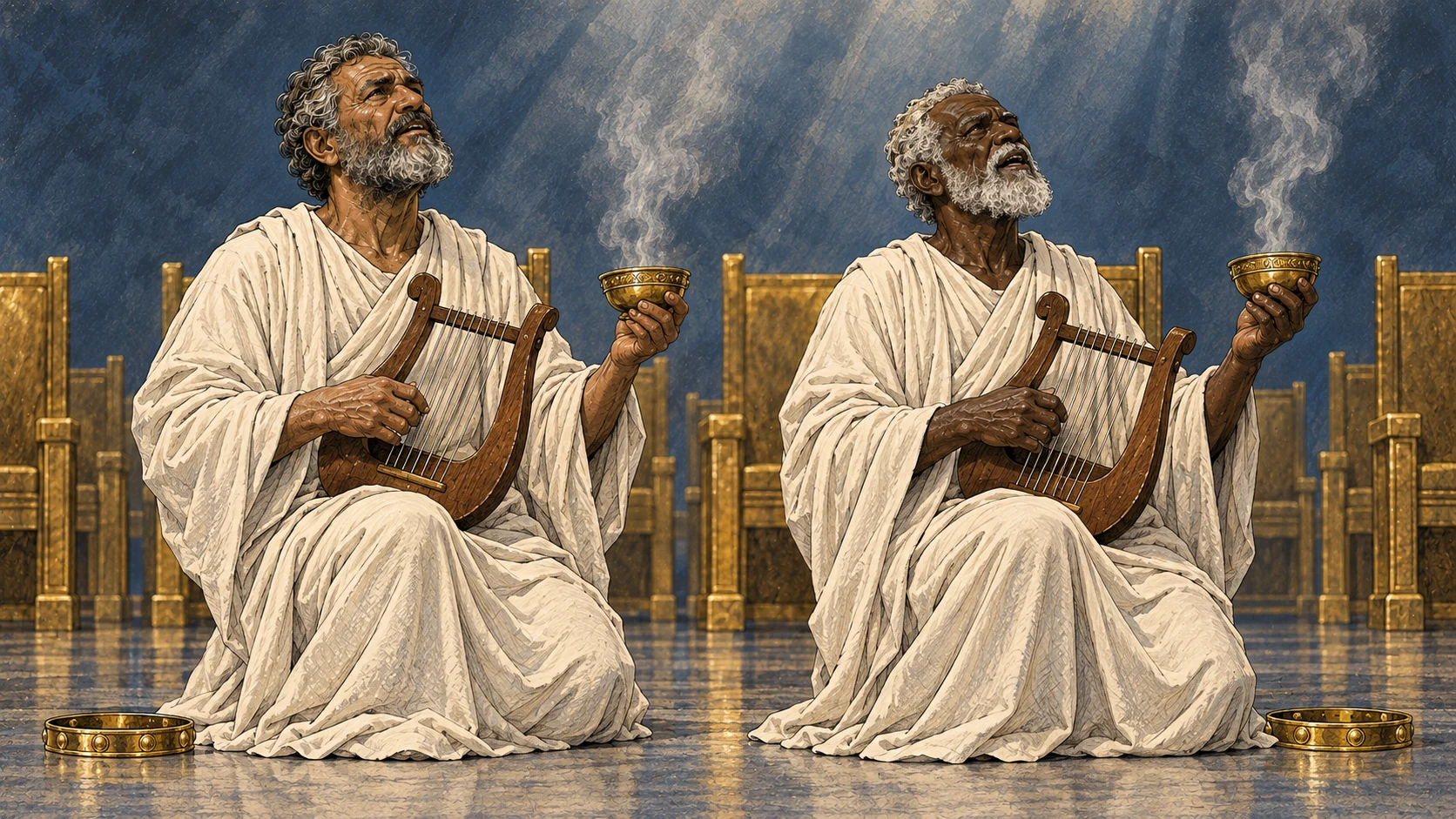 Two elders kneel with lyres and golden bowls of incense.