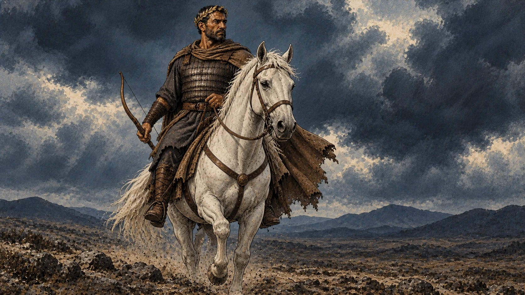 A crowned rider advances on a white horse carrying a bow.