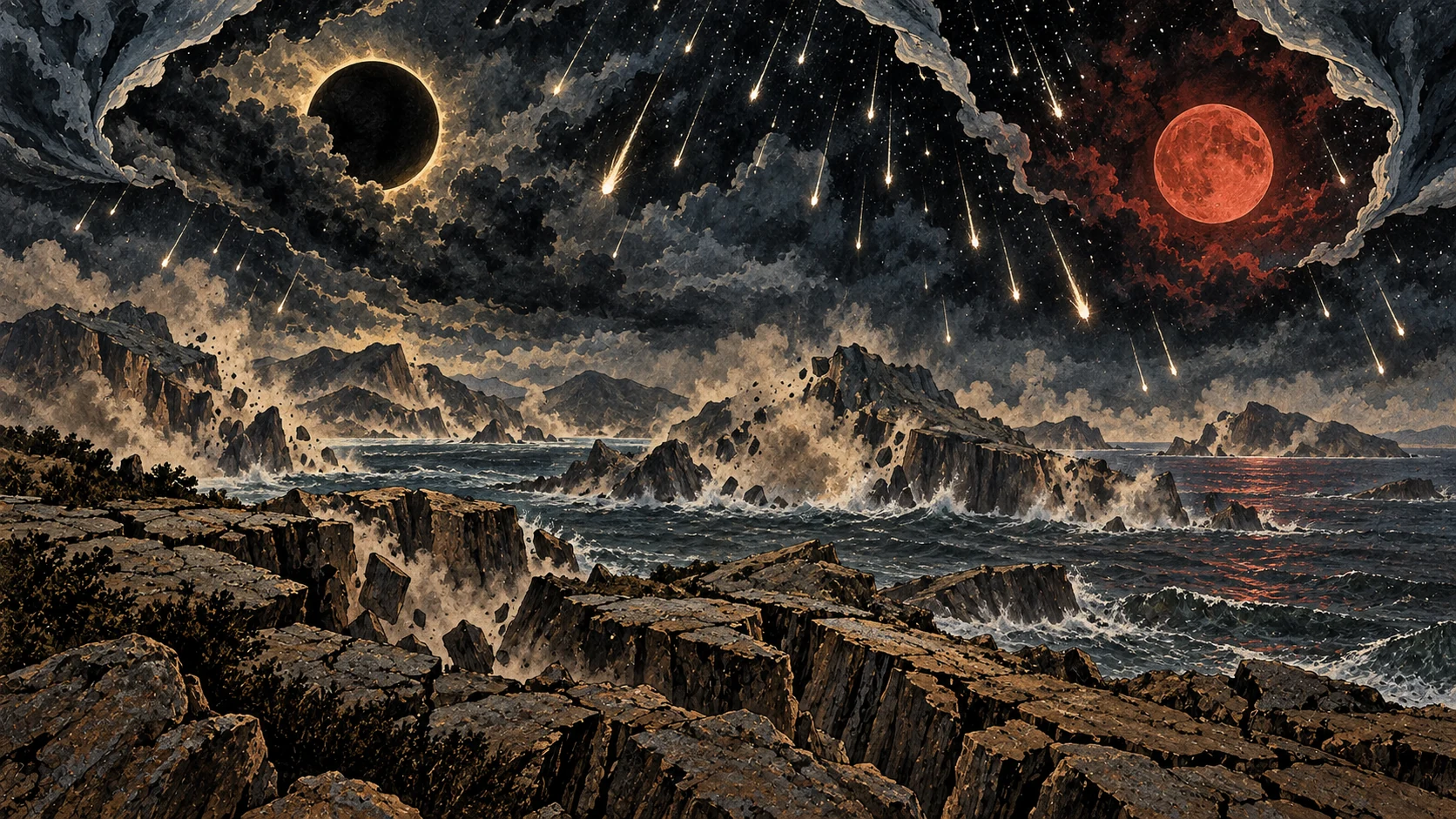 The earth fractures beneath a blackened sun, red moon and falling stars.