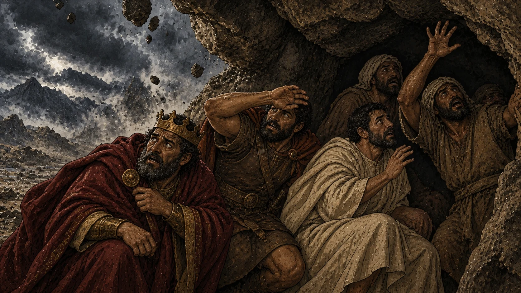 People of different ranks seek shelter together among mountain rocks.