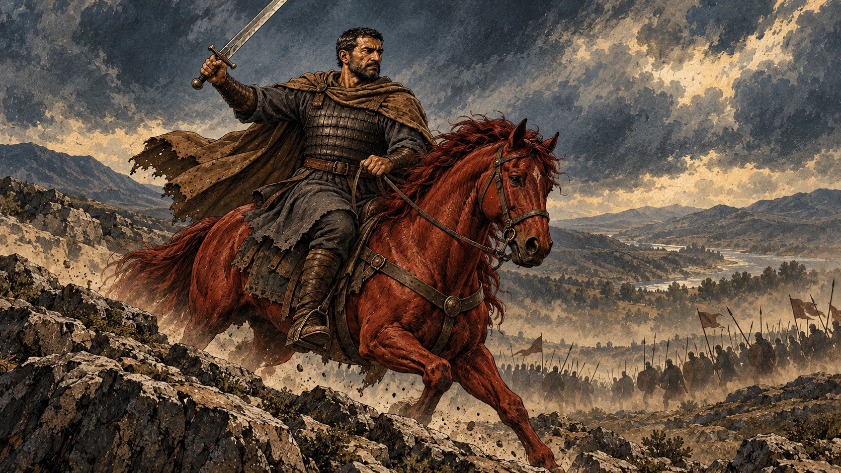 The rider on a red horse raises a great sword above a valley of armed groups.