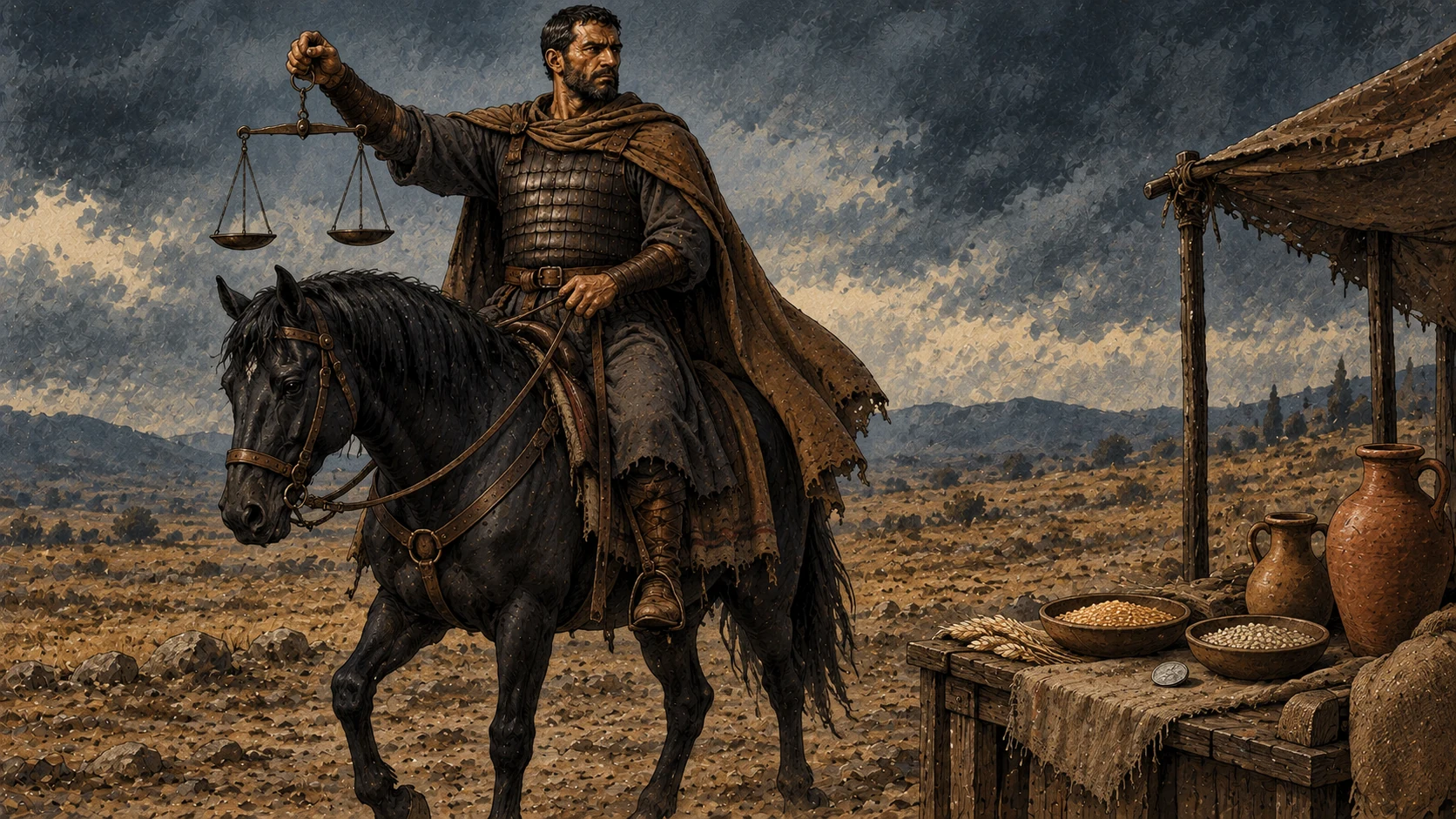 A rider on a black horse holds scales beside grain and intact clay vessels.