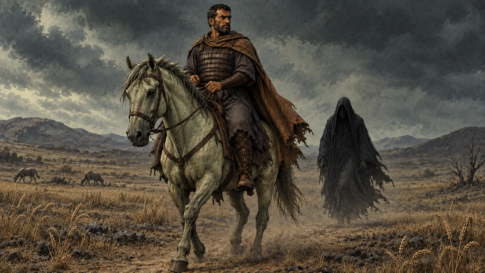Death rides a pale green horse with a shadowed figure following behind.