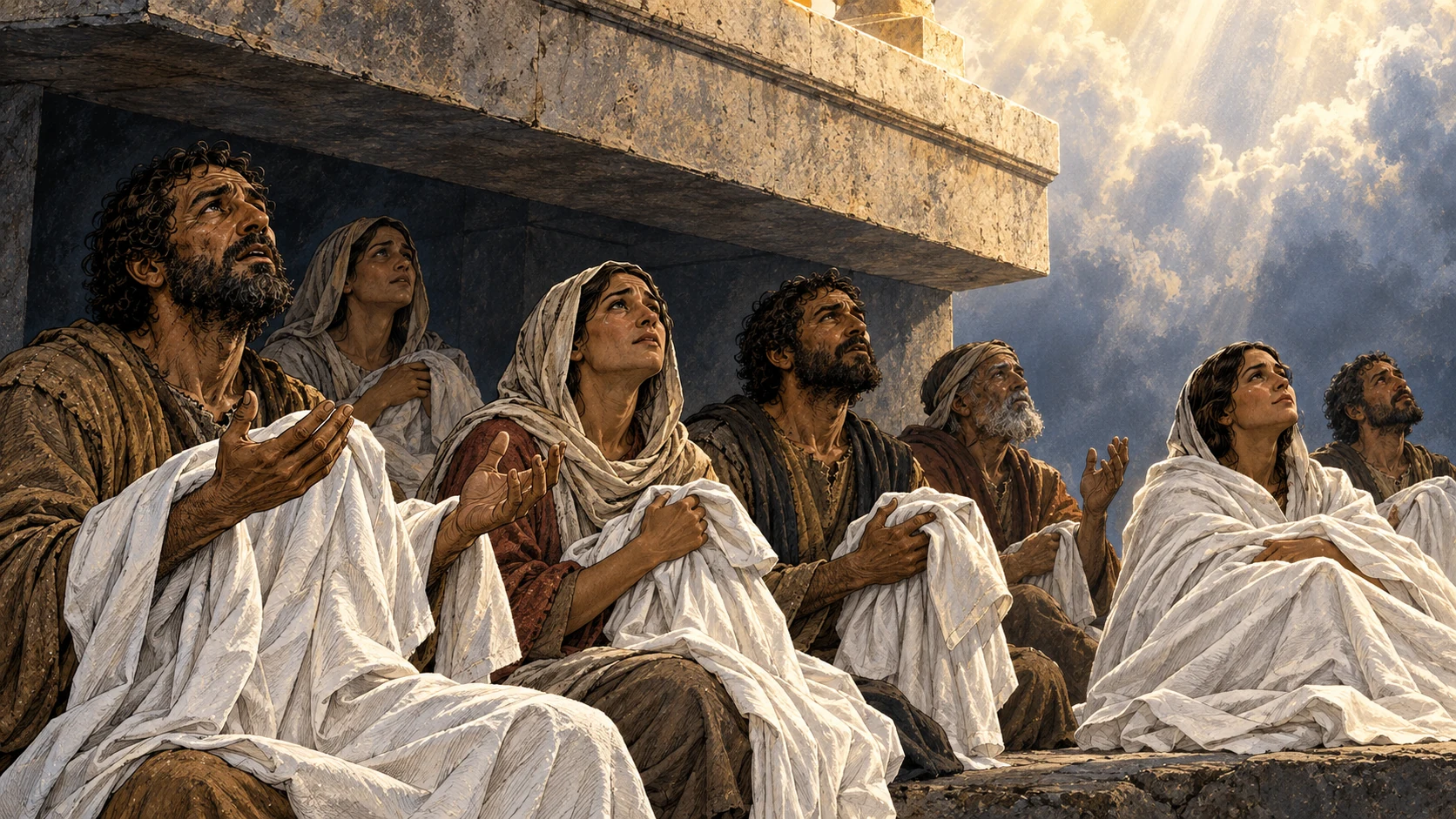 Martyrs beneath the altar hold white robes and look upward in appeal.