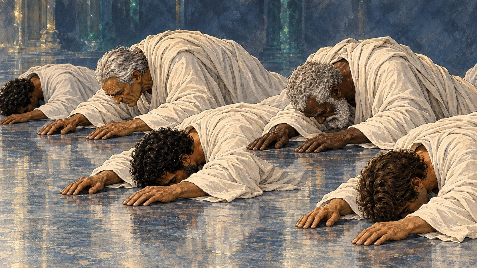 Elders and angels fall face down in worship.