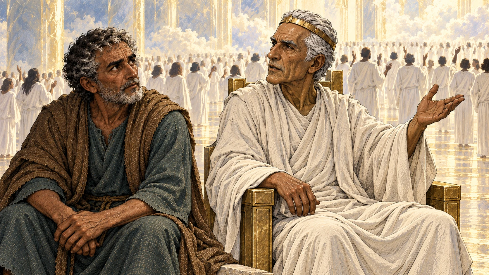 An elder speaks with John about the white-robed multitude.