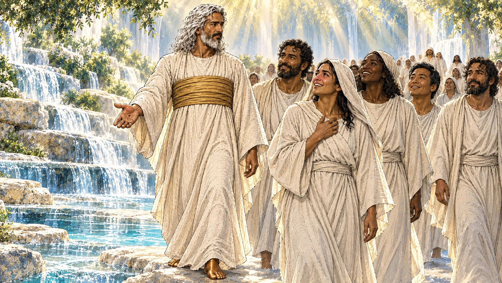 Christ guides white-robed people beside clear springs beneath sheltering light.