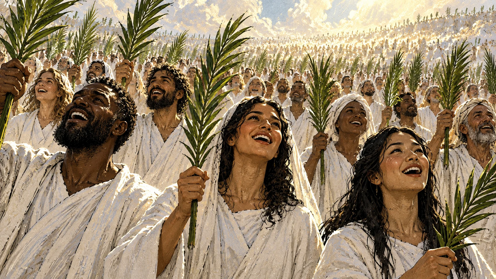 A great multitude in white robes holds palm branches and praises God.