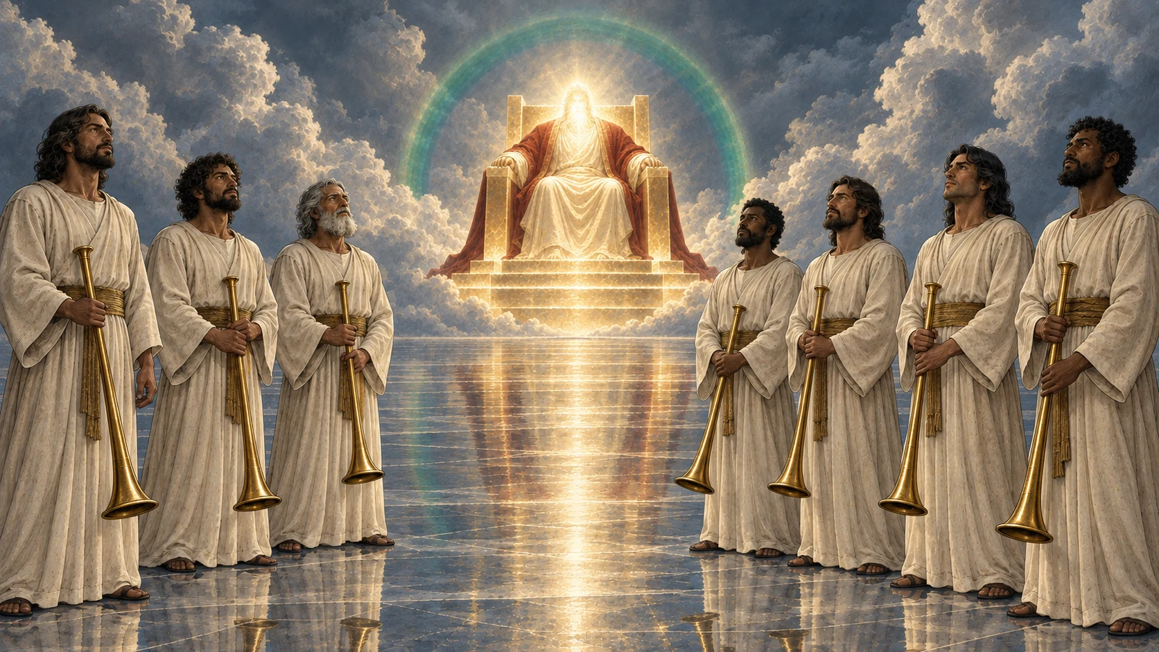 Seven angels stand quietly with lowered trumpets before the radiant throne.