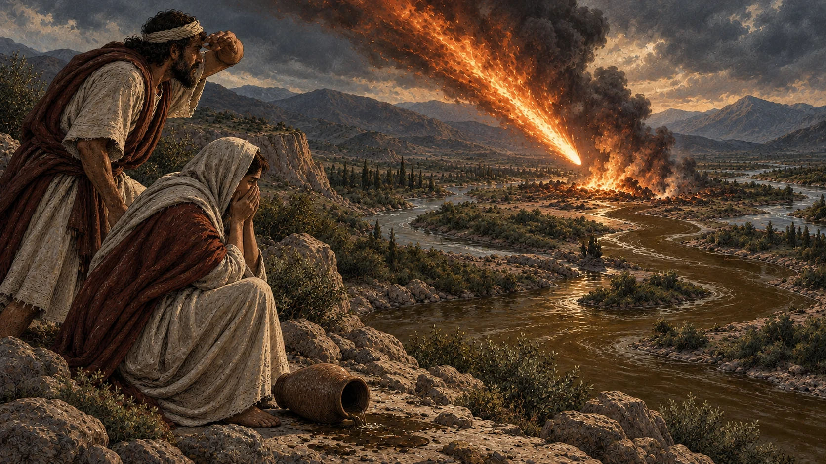 A fiery star falls toward rivers as two people recoil from tainted water.