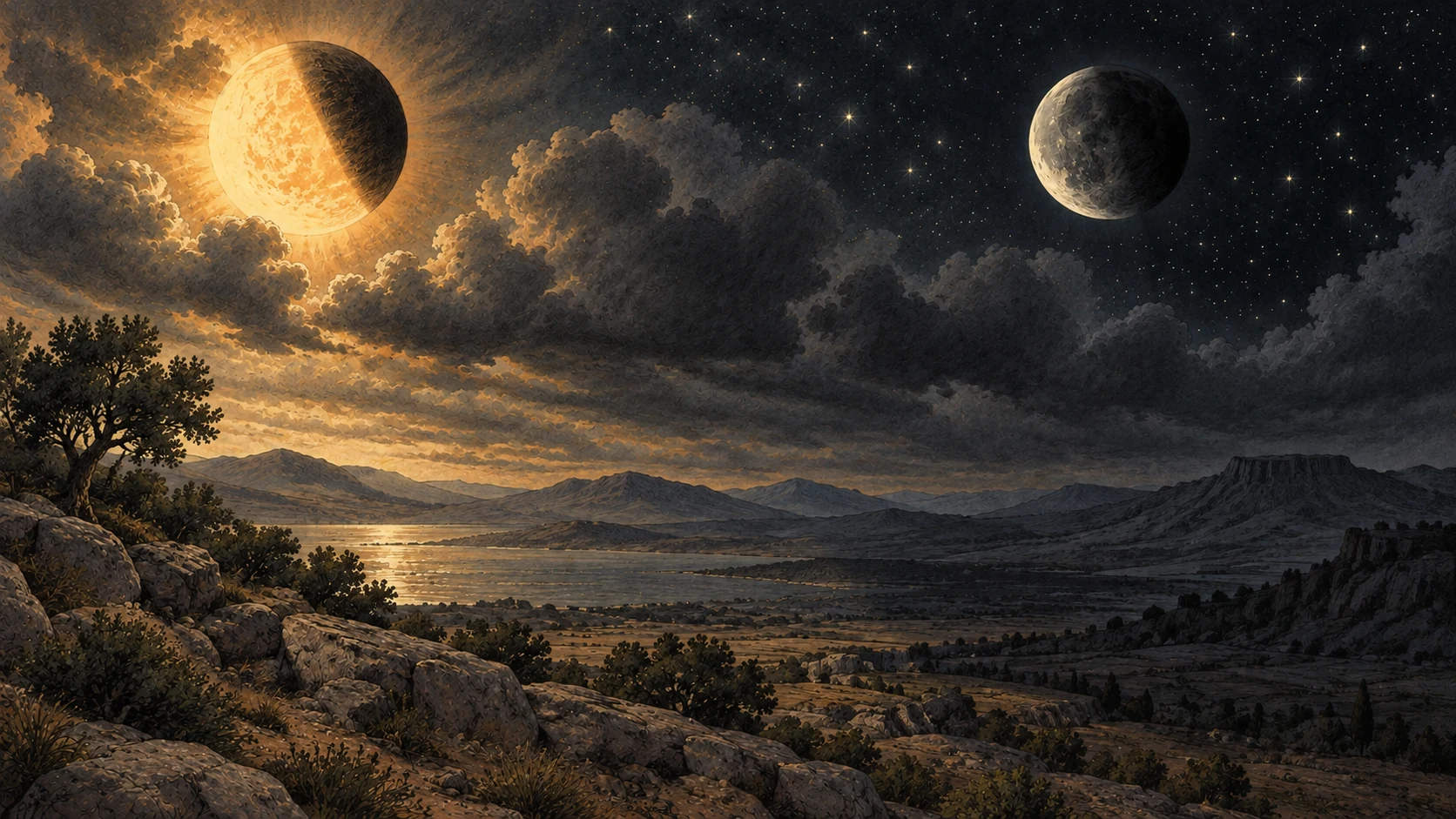 Dimmed heavenly lights hang above a partly darkened landscape.