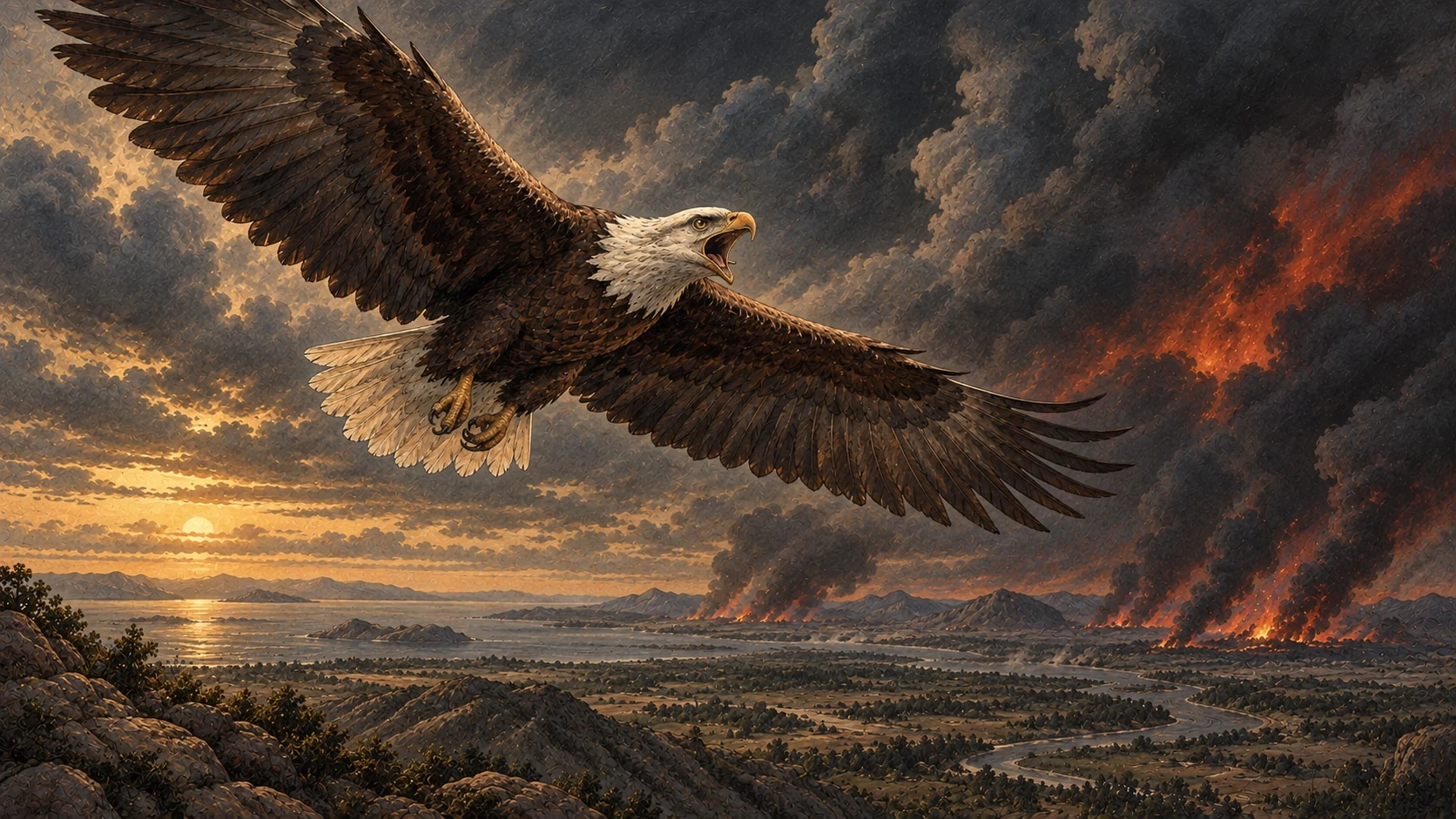 A lone eagle cries out as it flies high above the earth.