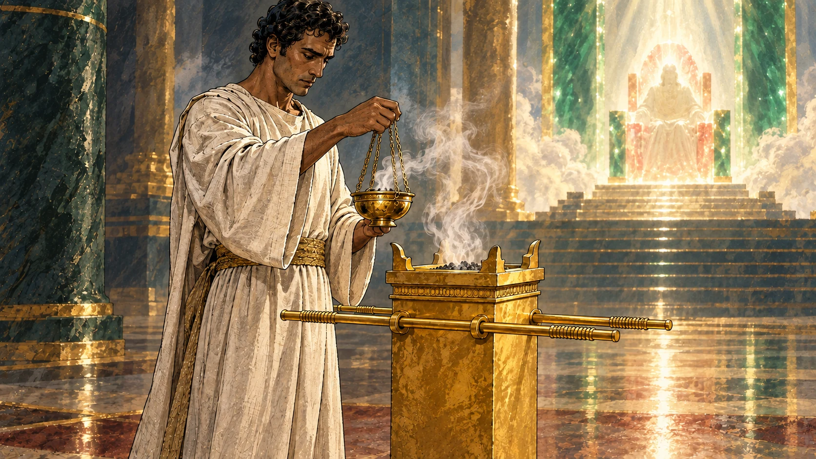 An angel holds a golden censer beside the golden altar as incense rises before the throne.