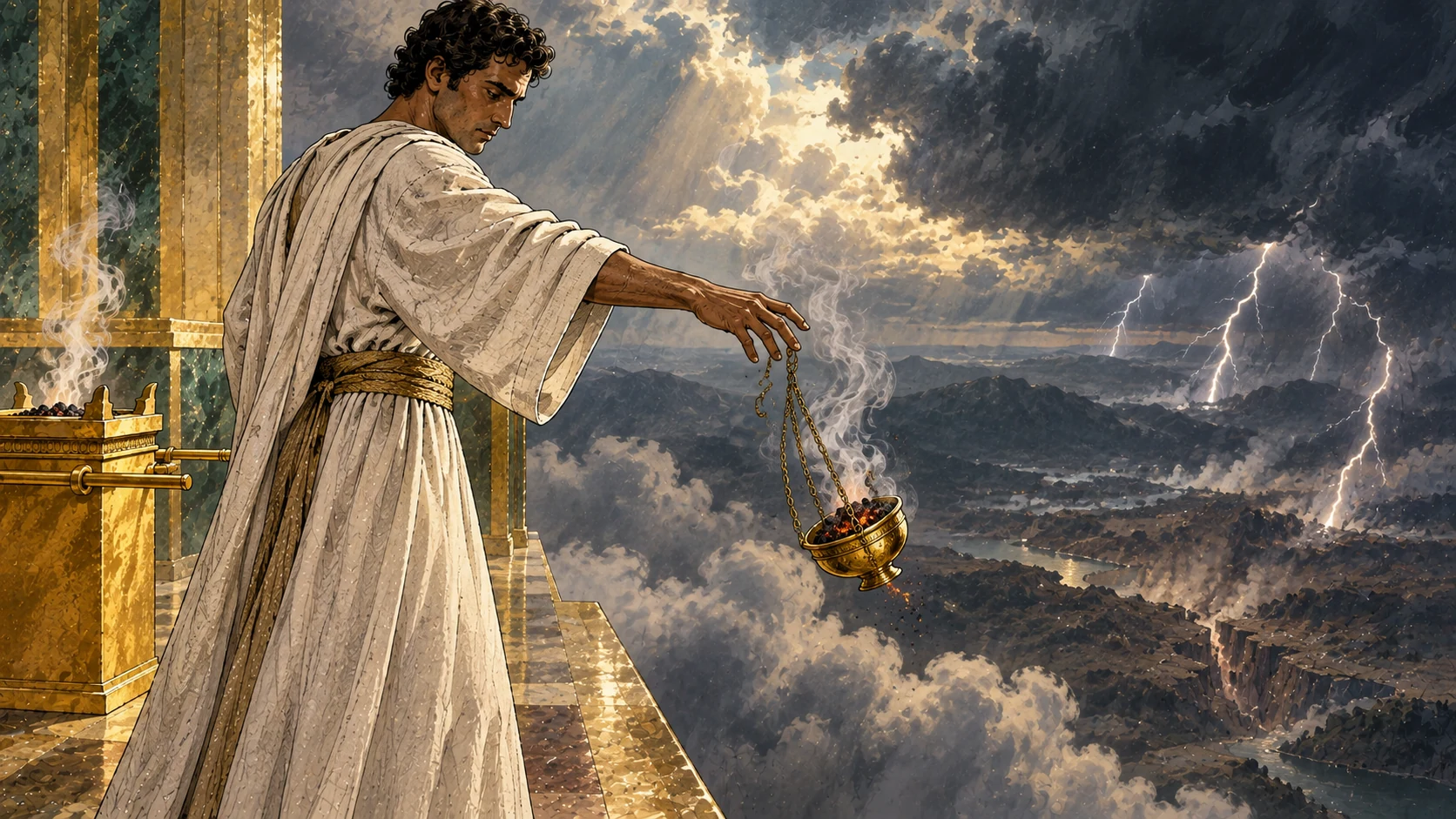 The angel releases a censer of burning coals toward the earth as lightning flashes below.