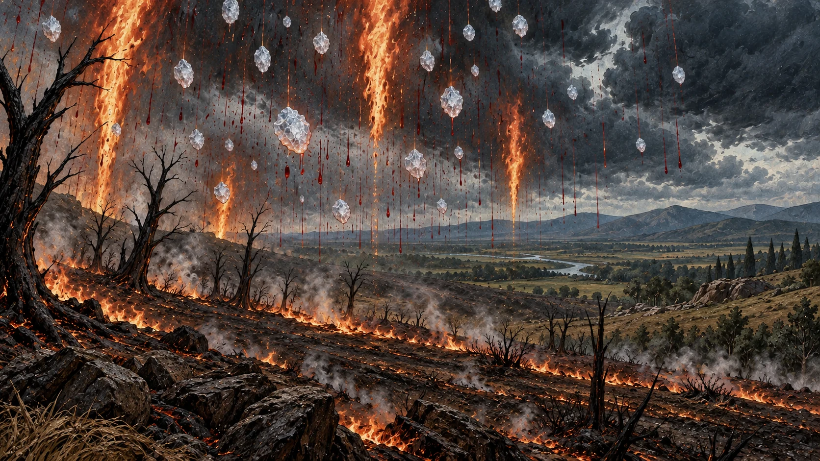 White hail and fire mixed with red streaks fall over burned trees and grass, with distant land beyond.